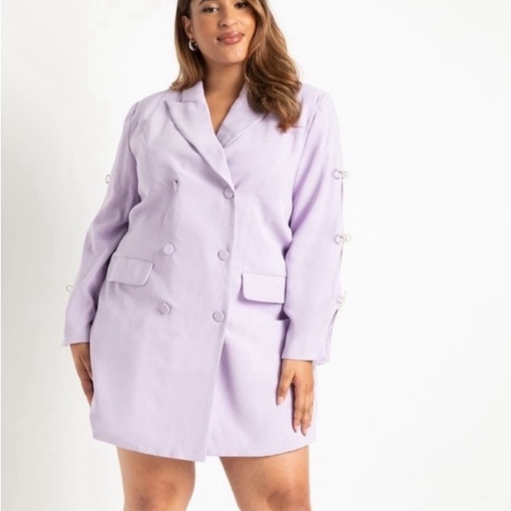 Eloquii lavender blazer mini dress with rhinestone bow detail